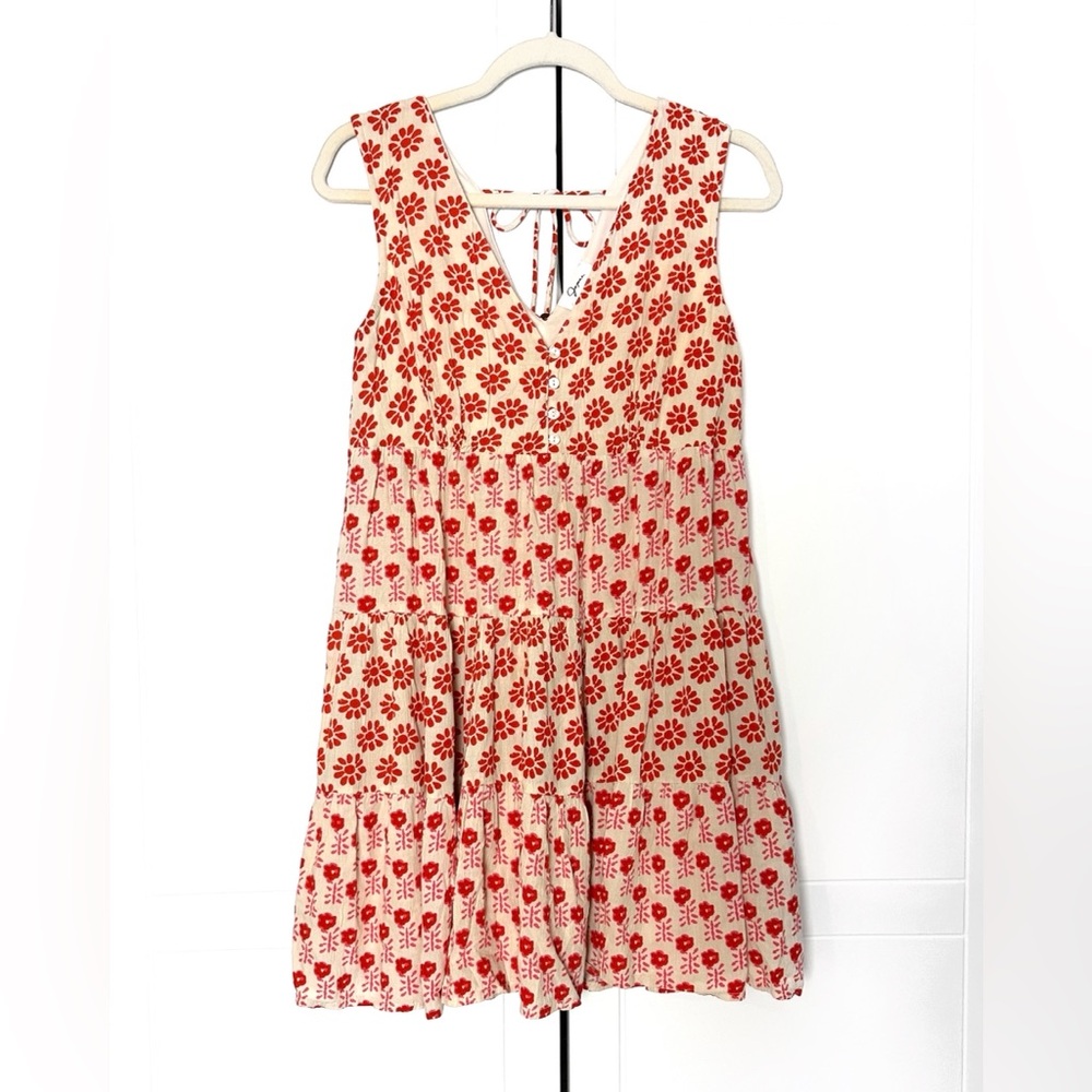 Japna Deep V Swing Floral Mini Dress | Size M | Red & Off-White